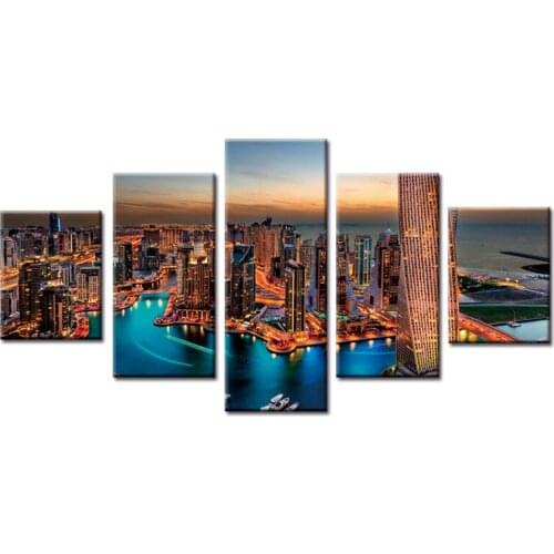 Wholesale 5 Pcs/Set Modern city landscape Wall Art Painting night view Canvas Printed Painting for Living Room