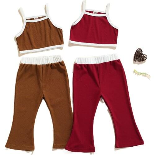 Baby Girls Casual Fashion Sets Contrast Color Sleeveless Square Collar Vest + Ribbed Flared Trousers 2pcs Kids Set Outfits 2021