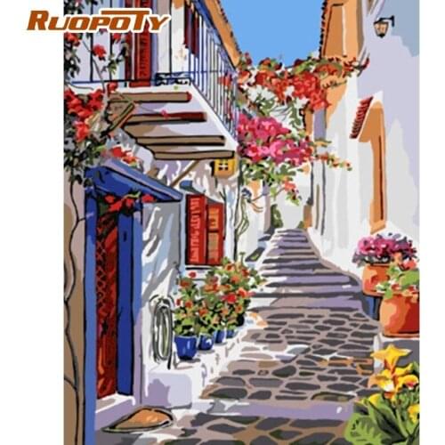 RUOPOTY 60x75cm Oil Painting By Numbers Kits For Adults Children Village Flower Road Scenery Framed Picture By Number Wall Craft