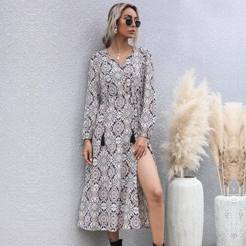 Sexy Print Dress Women Long Sleeves 2021 Spring New V-Neck Fashion Slim Elastic Waist A-Line Split Elegant Dresses Midi S-XL