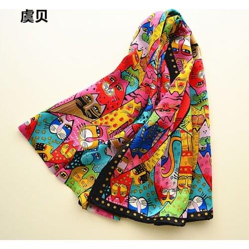 Colorful cats long scarf women sunscreen soft thin printed natural silk scarves wrap shawl foulard femme bandana gift for ladies