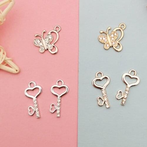 10pcs Rhinestone Love Lock Butterfly Design Alloy Charms Pendants Fit Bracelet Earring Floating Jewelry DIY Accessories Finding