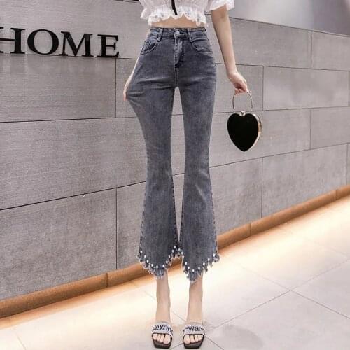 Jenas Slim Women Pearl Flare Pants Korean High Waist Spring Autumn Stretch Denim Pants Large Size 3XL Mom Ankle-Length Pants