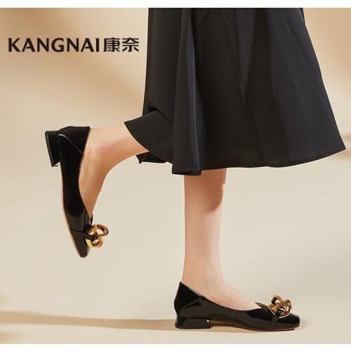 KANGNAI Flats Women Shoes Genuine Cow Leather Square Toe Metal Decoration Shallow Slip-On Elegant Ladies Ballet Shoes