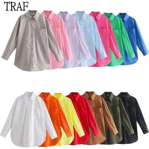 TRAF Womens Shirt Za 2021 Summer Pink Cotton Blouse Female Plus Size Loose Long Sleeve Shirts Lady Simple Style Tops Clothes