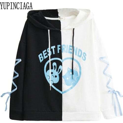 Womens Patchwork Cartoon Print Hooded Sweatshirt Hit Color Loose Hoodies 2020 Spring Long Sleeve Sweet Style Girl Pullovers