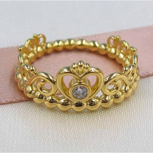 Original Golden My Princess Tiara With Crystal Rings For Women 925 Sterling Ring Wedding Party Fine Europe Diy Jewelry Gift