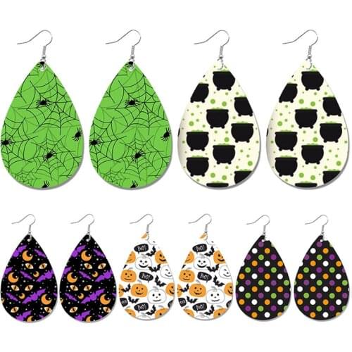Halloween Pumpkin Spider Leather Earrings for Women Goast Polka Dot Water Drop Earrings Fashion Jewelry Accessories Girl Gift