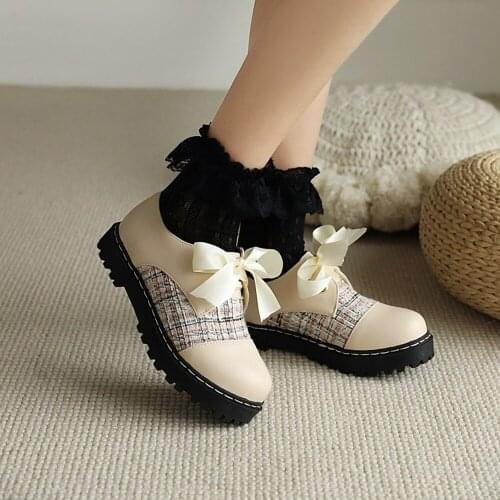 Roman Womens Creepers Platform Shoes Ribbon Bowtie Lattice Low Heel Casual Gothic Black Oxfords Beige Lolita Plus Size New 2021