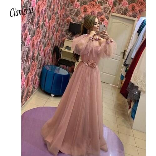 2020 Pink Dubai Muslim Evening Dress With Handmade Flowers Long Sleeve Saudi Arabic Formal Evening Party Dresses Robe De Soiree