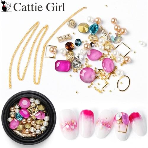 1box Pearl Rhinestones Nail Decoration Metal Chain Nail Art Gemotric Crystal Gold Beads Deco DIY for UV Gel