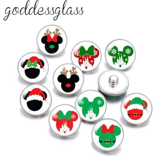 Disney Christmas Mickey Minnie Cute moose Hat styles 10pcs Round photo glass 18mm snap buttons for 18mm snap bracelets jewelry