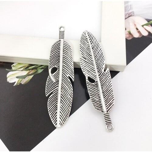 10pcs Feather Charms 15mm x 61mm DIY Jewelry Making Pendant antique silver color