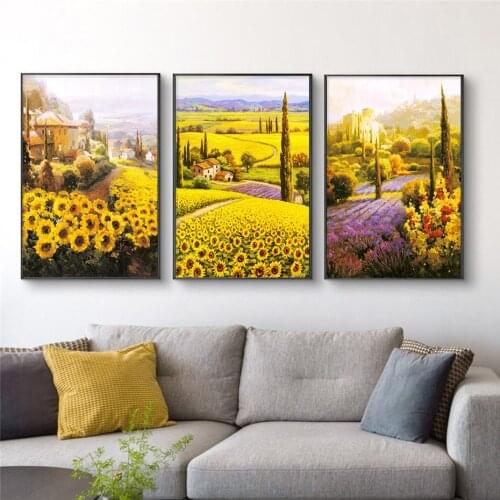 Abstract Sunflower Oil Painting on Canvas Prints Handmade Countryside Castle Wall Art Poster Modern Living Room Decor Pictures