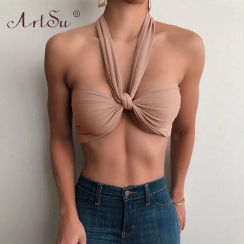 ArtSu Sleeveless Backless Halter Cross Multiway Bandage Crop Tops Women Summer Chic Fashion Club Party Sexy Tank Top Streetwear