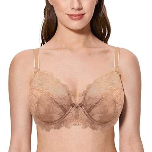 Lace Bra Plus Size Womens Full Coverage Non Padded Embroidery Floral Underwired Minimizer Bra Big B C D DD DDD E F Cup