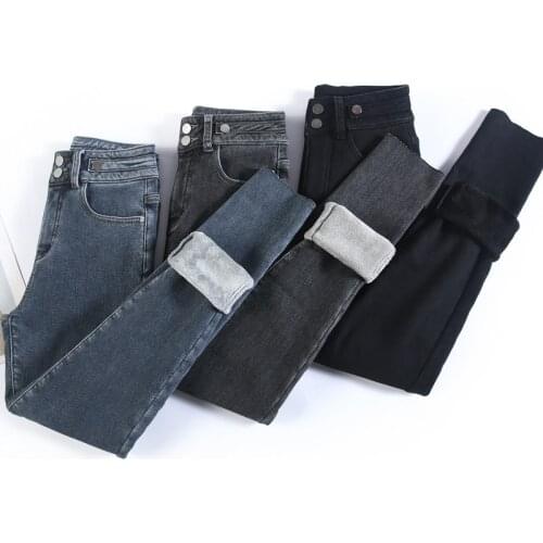 Women Clothing Jeans Winter Fleece Thick Plus Velvet Skinny Elasticity Mom High Waist Little Feet Pants Casual Denim Pants Mujer