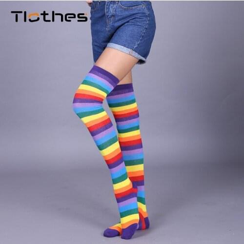 Rainbow Socks Women Cute Harajuku Knee High Socks Colorful Striped Over Knee Leg Warmer Socks Girls Kawaii Knee Long Socks