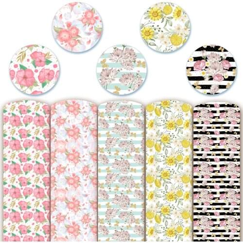 PU synthetic leather Fabric, Flower Synthetic Leather, Flower Print Faux Fabric, Fabric Sheets For Bow 22x30CM