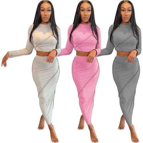 Echoine Long Sleeve Crop T-shirt Pencil Skirt Set Autumn Spring Sexy Skinny Skirt Set Matching Set Two Piece Set Party Outfits
