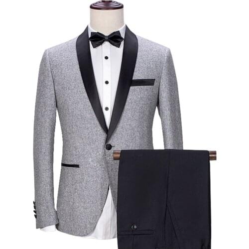 Suit Mens Shawl Collar 2 Pieces Slim Fit Grey Suit Mens Groom Tweed Wool Jacket Tuxedos For Wedding(Blazer+Pants+Tie)