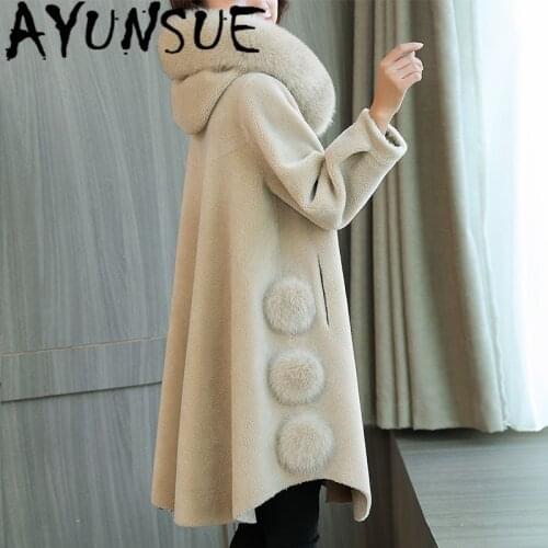 AYUNSUE Real Fur Coat Female Jacket 100% Wool Autumn Winter Clothes Fox Fur Collar Hooded Jackets for Women 2020 Mujeres Abrigos