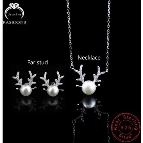 Hot Fashion Antlers Pearl Jewelry Set Women 925 Sterling Silver Zircon Pendant Necklace And Stud Earrings Fine Christmas Gift