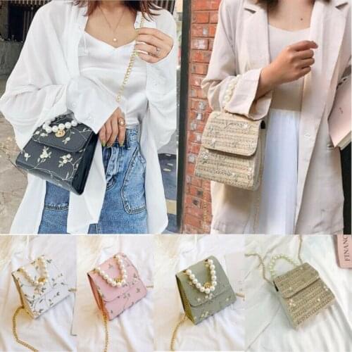 Fashion Women PU Leather Pearl Handle Clutch Lady Shoulder Bag Floral Chain Handbag Travel Tote