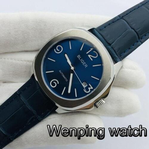 Bliger 40mm Top Casual Mechanical Watch Silver Case Sapphire Glass Blue Dial Date Luminous Leather Strap Mens Automatic Watch