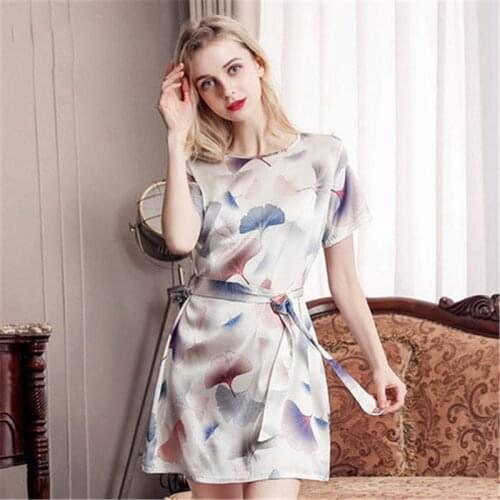 High-End Pure Silk Sleepwear For Women 100% Mulberry Silk Nightdress Lady Dress Short Sleeve Printed Nightgown Comfort Homewear