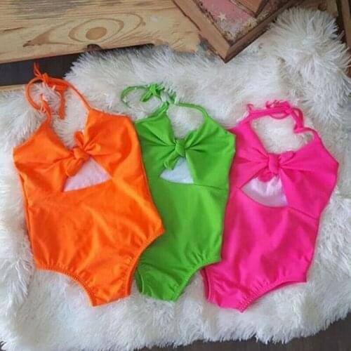 New Fashion Summer Kids Baby Girls Sleeveless Swimsuit Toddler Bikini Bow Solid Swimwear Beach Bathing Suit 1-5T