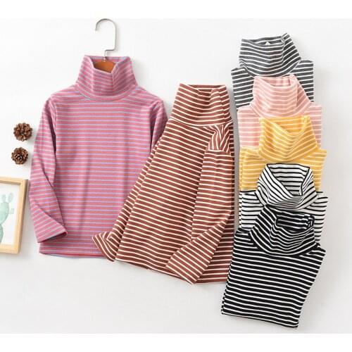 2020 New Children Cotton Long-sleeved T-shirt Toddler Boys Baby Girls Fashion Turtleneck Striped T-shirt Tops For Kids 3-7 Years