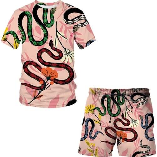 2021 New Summer Mens Abstract pattern Men 3D Snake fish Short Sleeve Casual Fashion T Shirts Shorts Letter Printed Men clothing