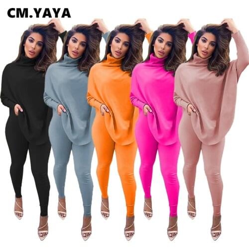 CM.YAYA Autumn Knitted Womens Set Batwing Sleeve Sweater Pants Suit Active Wear Ribbed Tracksuit Two Piece Set Fitness Outfit