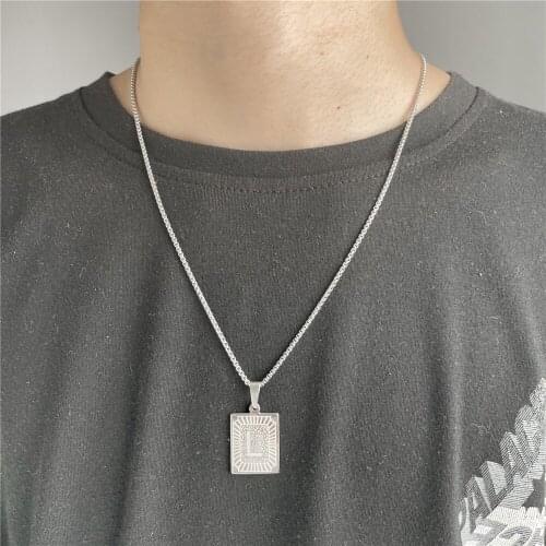 New Initials Pendant A-Z Letter Name Necklace For Women Men Silver Color Stainless Steel Square Alphabet Charm Necklace