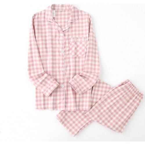 Spring Autumn Plaid Pijamas 2Pcs Home Suit Women Men Janpan Long Sleeve Sleepwear Turn-down Neck Pyjama Femme Loose Lounge Wear