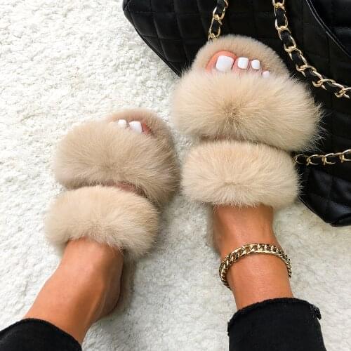 Furry Fur Slides Real Rabbit Fur Slippers For Women Cozy Soft Flat Sandals Casual Plush House Slippers Female Warm Home Shoes