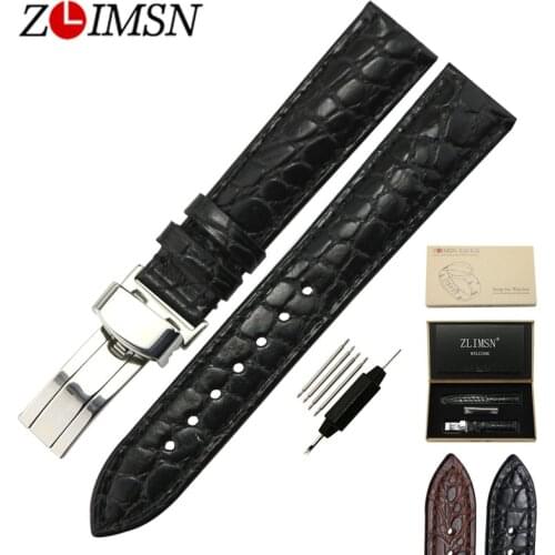 ZLIMSN Crocodile Grain Genuine Leather Watch Band Replacement 316L Stainless Steel Butterfly Buckle Men Women reloj hombre 2017