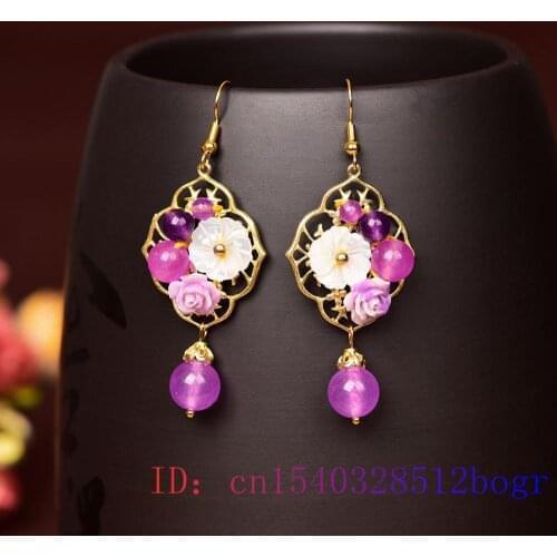 Purple Jade Flower Earrings Jewelry Amulet Women Charm Chalcedony Zircon 925 Silver Natural Fashion Gifts Crystal Gemstone