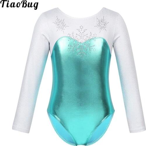 TiaoBug Kids Girls Long Sleeves Shiny Rhinestone Snowflake Metallic Bodice Ballet Dance Gymnastics Leotard Jumpsuit