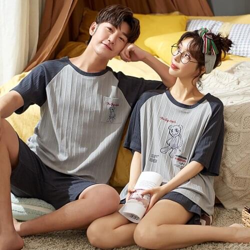Korean Fashion Gray Patchwork Short Sleeve Couple Pajamas Set Summer Men Loose O-Neck Sleepwear Cute Bears Cartoon Women Pajamas