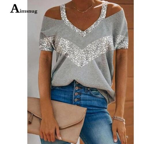 Women 2021 Summer Basic Tops Hollow Out Short Sleeve V-Neck Patchwork T-Shirt Sequined Ladies Casual Tees Shirt Oversized Femme
