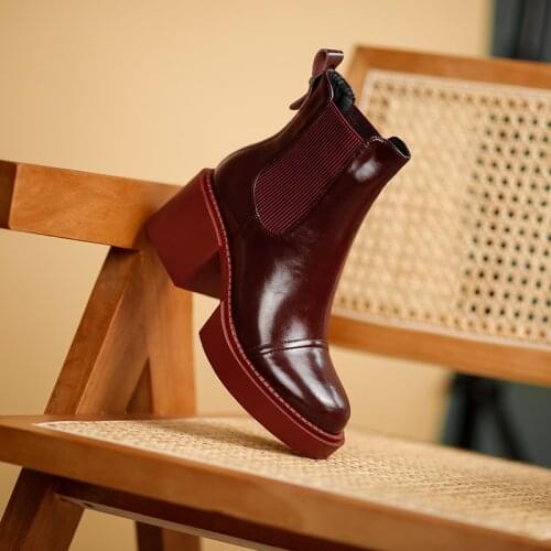 2021 Winter Genuine Leather Ankle Boots Women Shoes Retro Round Toe Women Boots Platform Boots Womens Heels Chunky Boots