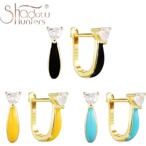 SHADOWHUNTERS Original 925 Sterling Silver Women Earrings Pear Shape Neon Enamel Huggies Hoops Crystal Chic Jewelry Yellow Blue