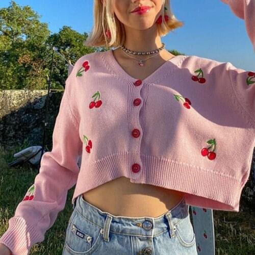 Womens Knitting Cardigan Vintage 50s Cherries Embroidery Long Sleeve Coat Shrug Cover up Knitwear Cropped Sweater Cardigan
