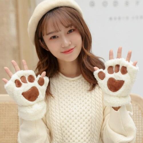 2019 gloves female winter warm plus velvet thickening cute claws fingerless students cold plush gloves
