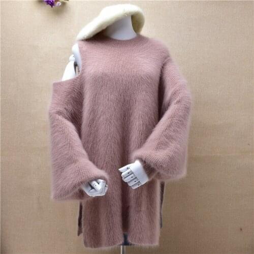 Ladies women fashion sexy shoulder off mink cashmere knitted o-neck long lantern sleeved loose pullover angora fur jmper sweater