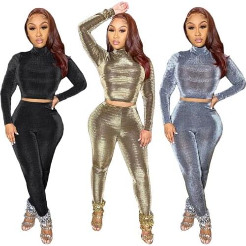 2020 New Fashion Women Two Piece Set Velvet Long Sleeve Crop Tops+Slim Fit Legging Trousers Sports Suit Nightclub Party Bodycon