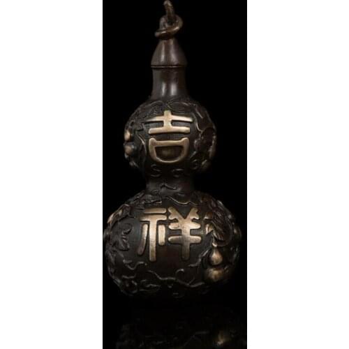 15 CM Chinese Pure Bronze Statue Blessing Bottle Gourd Vine Amulet Wealth Fengshui Pot