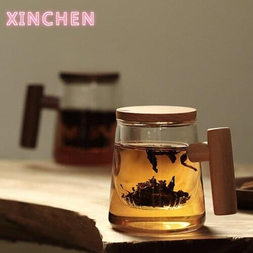 300ML Creative Borosilicate Glass Infusion Of Mugs Transparent Tea Cup With Filter Wooden Lid Cover Beech Handle For Water Milk